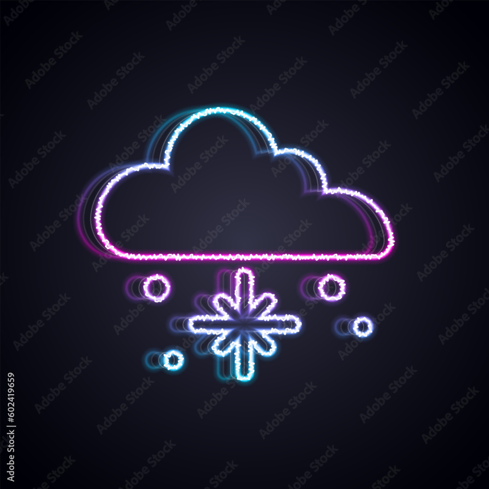 Poster glowing neon line cloud with snow icon isolated on black background. cloud with snowflakes. single w