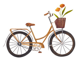 Fototapeta na wymiar Watercolor illustration of bicycle with a basket and orange flowers. Bicycle clipart isolated on white backgroundnfor the postcards, posters, printing on textiles, flyers on the ecology topic