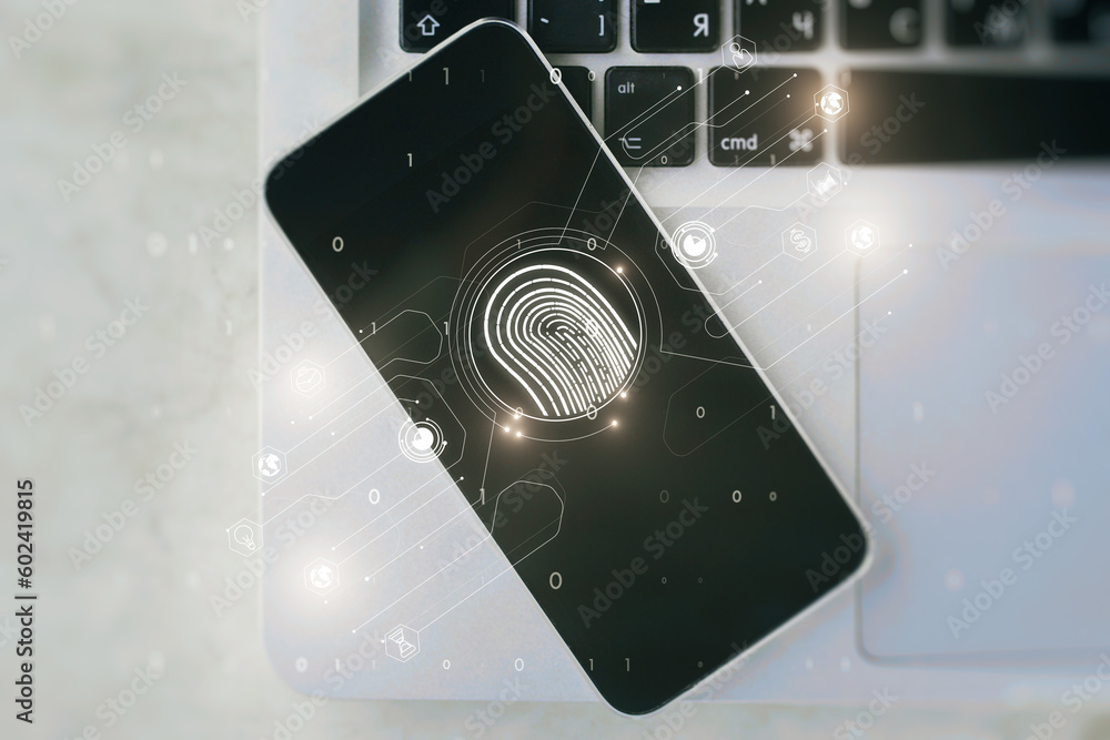 Fototapete Top view of mobile phone and laptop on white desktop with glowing fingerprint hologram and icons. ID and biometrics concept. 3D Rendering.