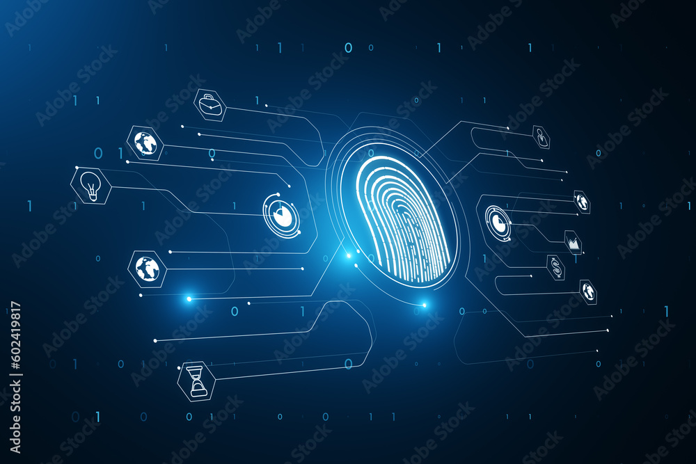 Poster glowing fingerprint hologram and icons on blue background. id and biometrics concept. 3d rendering.