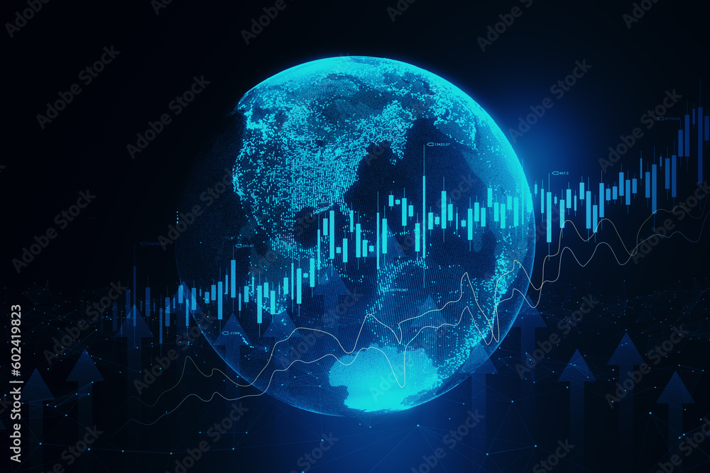 Poster stock market and market growth concept with digital glowing financial chart graphs, diagrams and can