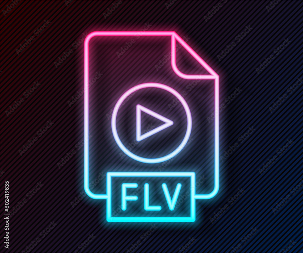 Poster glowing neon line flv file document video file format. download flv button icon isolated on black ba