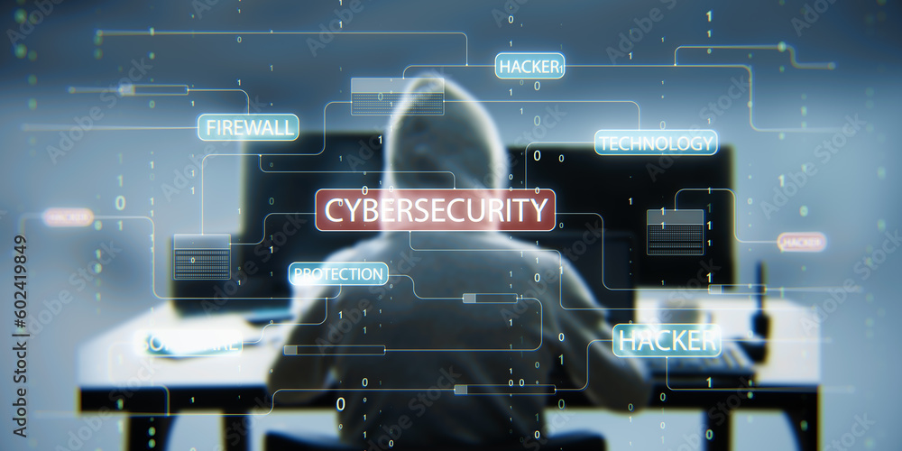 Leinwandbilder Back view of hacker sitting at desk and using computers with glowing hacking hologram with binary code and lines. Cybersecurity, firewall, technology and software protection concept. Double exposure.