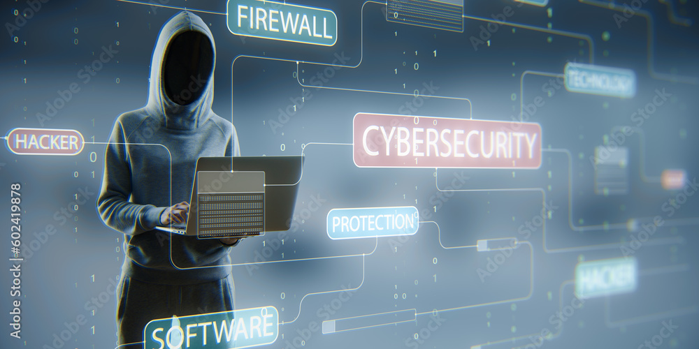 Leinwandbilder Hacker standing and using laptop with glowing hacking hologram with binary code and lines. Cybersecurity, firewall, technology and software protection concept. Double exposure.
