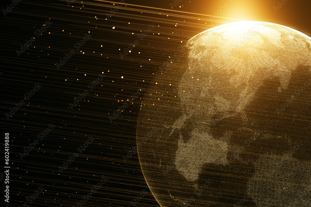 Poster glowing polygonal earth hologram with lines and sparkles. metaverse and global world concept. 3d ren