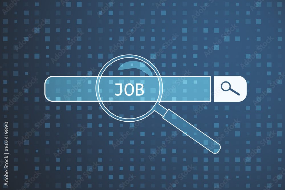 Poster vacancy, employment and recruiting experience concept with digital magnifying glass on job search ba