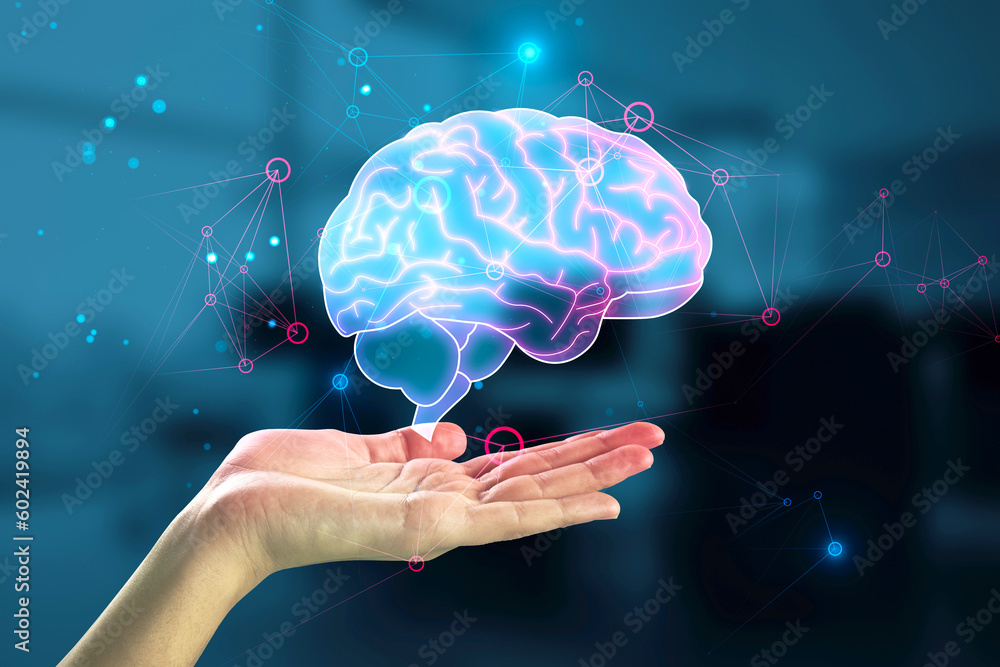 Poster Robot, artificial intelligence and digital data network technologies concept with human brain hologram above woman hand on dark blurred background