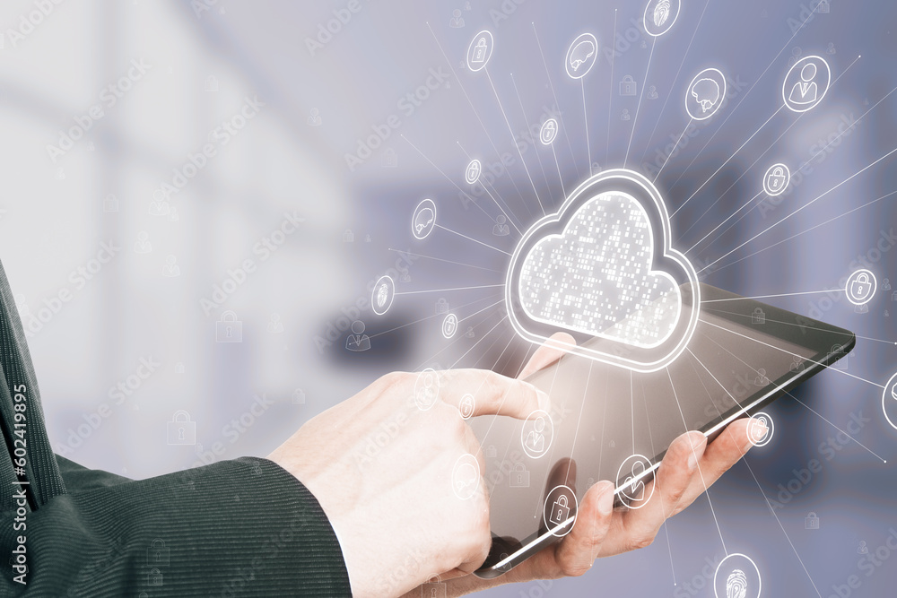 Poster close up of businessman hand using cellphone with digital white cloud hologram with various icons on