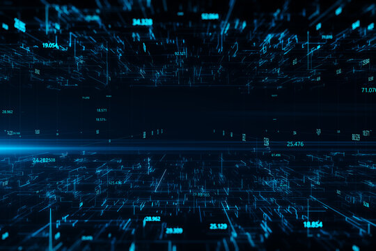 Abstract digital data background with glowing binary code matrix, internet network and connection concept. 3D rendering