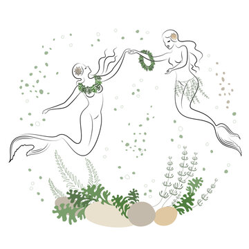 Mermaid silhouette. Beautiful girls swim in the water, dance. The lady is young and slim. Fantastic fairy tale image of algae, plants. vector illustration set