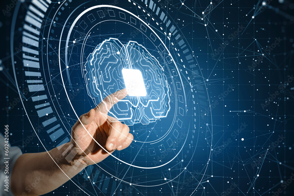 Leinwandbilder Artificial intelligence, machine learning and innovation technology concept with man finger on virtual touch screen with glowing circuit with chip in form of human brain on abstract blue background