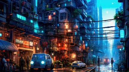 Fototapeta na wymiar Lovely anime Cyberpunk City Painting, digital painting, night. Generative AI