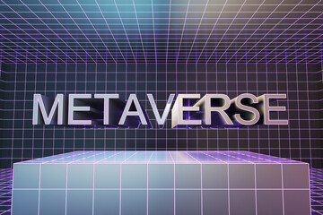 Futuristic concept of video games, NFT, virtual reality and crypto concept with front view on graphic metaverse sign above grey checkered podium on abstract holographic background. 3D rendering