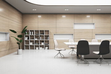 Side view on stylish meeting table surrounded by chairs on light floor with green plant near wooden wall with bookshelf background and high white ceiling in spacious conference room. 3D rendering