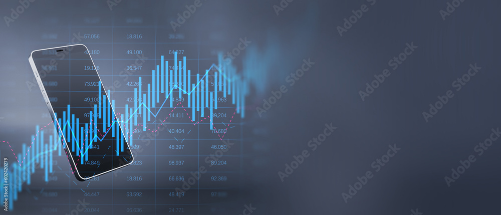 Poster close up of cellphone with glowing upward business chart on blurry wide perspective background with 