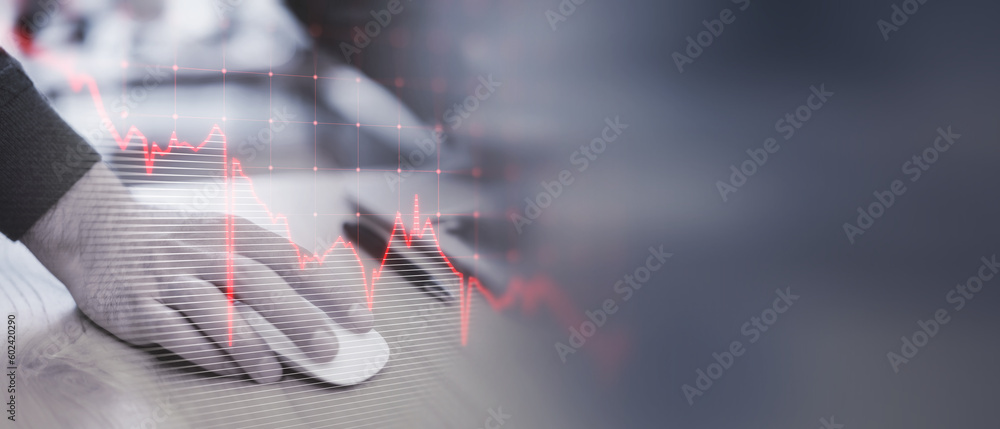 Poster Close up of male hands using computer mouse with glowing downward business chart on blurry wide perspective background with mock up place. Crisis and stock market recession concept. Double exposure.