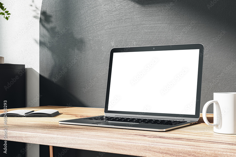 Aufkleber perspective view on blank white modern laptop monitor with space for web design, website or landing 