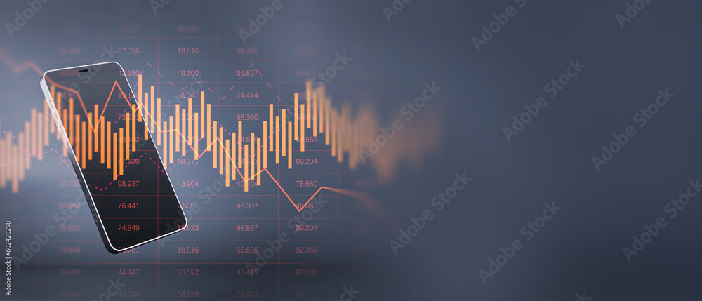Poster close up of cellphone with glowing downward business chart on blurry wide perspective background wit