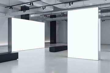 Two blank white bright partitions with space for advertising poster or marketing campaign in industrial gallery hall with black benches on concrete floor and grey wall background. 3D rendering, mockup