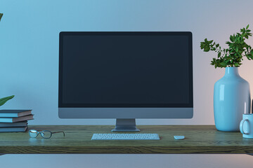 Front view on blank black modern computer monitor with space for web design, website, landing page on wooden work table with eyeglasses and keyboard on dark wall background. 3D rendering, mockup