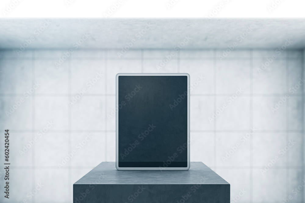 Poster Front view on blank dark modern digital tablet screen with space for web design, website or application on black stage in empty room with grey tiles wall background. 3D rendering, mockup