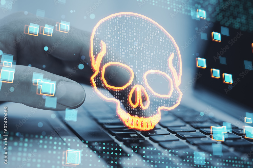 Poster Close up of male hands using laptop keyboard with glowing digital binary code skull on blurry background. Hacking, piracy, malware and data theft concept. Double exposure.