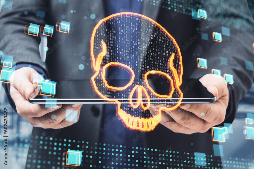 Aufkleber close up of businessman hands holding tablet with glowing digital binary code skull on blurry office