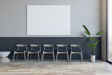 Office lobby with empty mock up poster on wall, waiting seats, window with city view and wooden flooring. 3D Rendering.