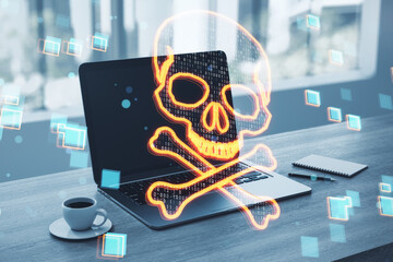 Close up of notebook on desktop with coffee cup, supplies, digital binary code skull on blurry window with city view background. Hacking, piracy, malware and data theft concept. Double exposure.