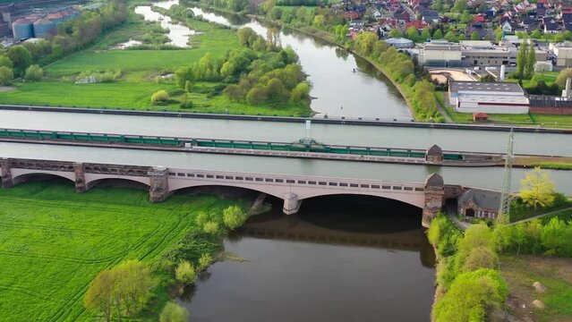 Aerial view of Minden Water Bridge over Weser River, Mittellandkanal, Minden, Germany. High quality 4k footage