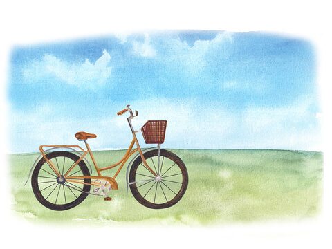 Watercolor illustration of a bicycle with a basket on the landscape with a field and blue sky. Bicycle clipart isolated on nature background for postcards, printing on textiles, ecology flyers.