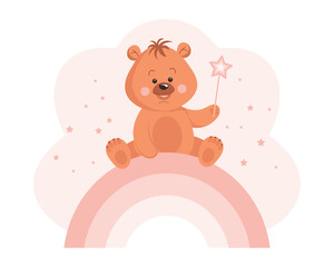 Fototapeta na wymiar Cute cartoon teddy bear with a magic wand on a rainbow. Baby illustration, greeting card, vector