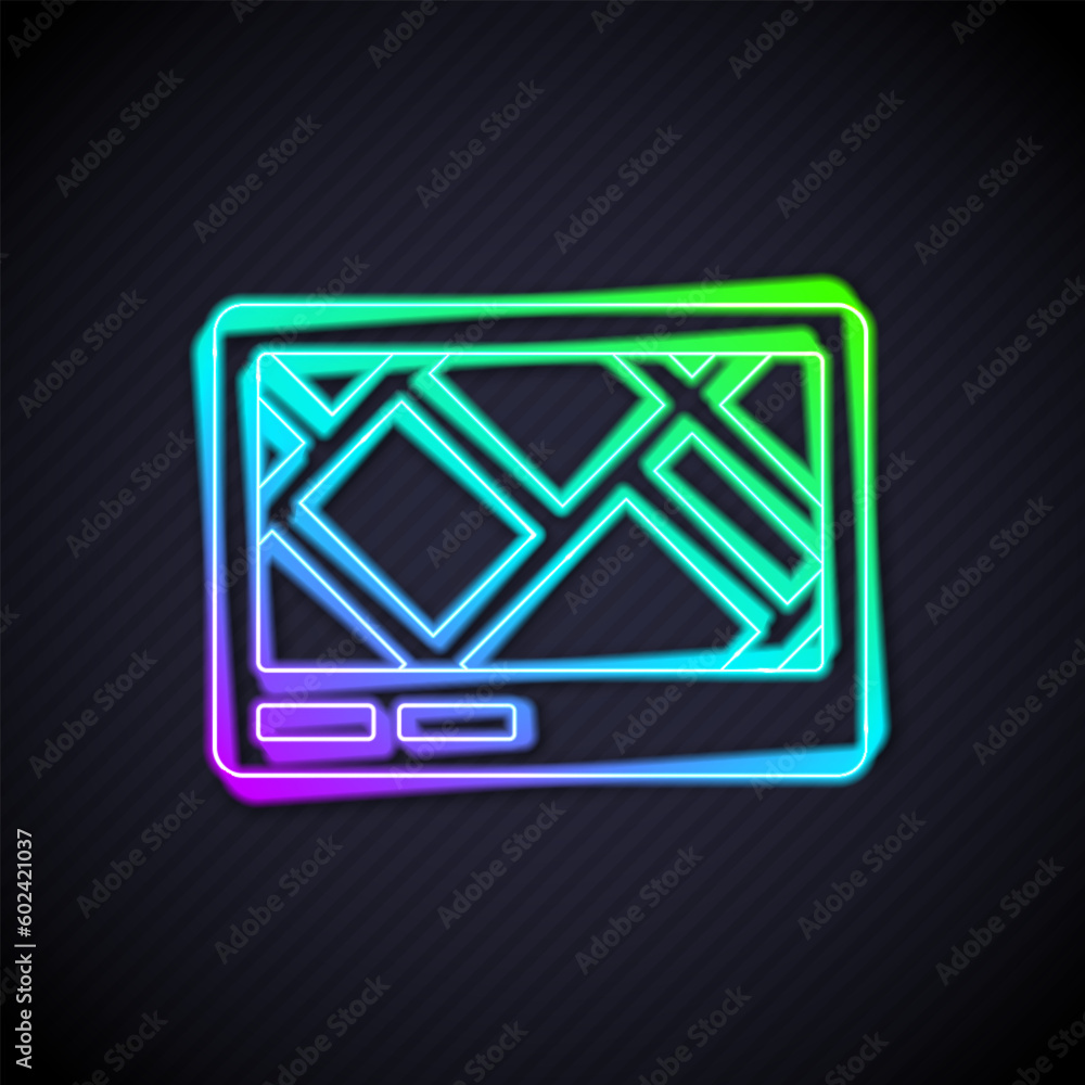 Poster glowing neon line gps device with map icon isolated on black background. vector