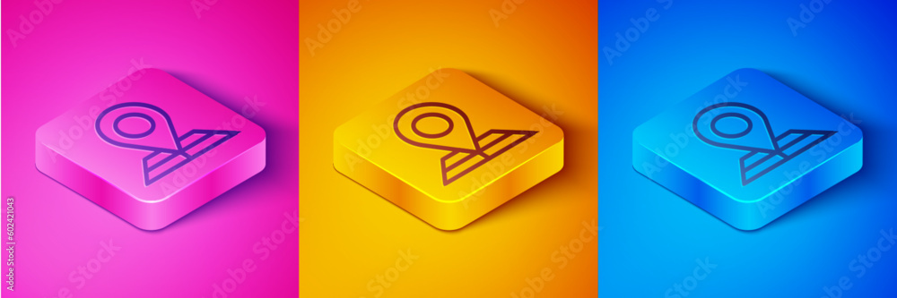 Poster isometric line folded map with location marker icon isolated on pink and orange, blue background. sq