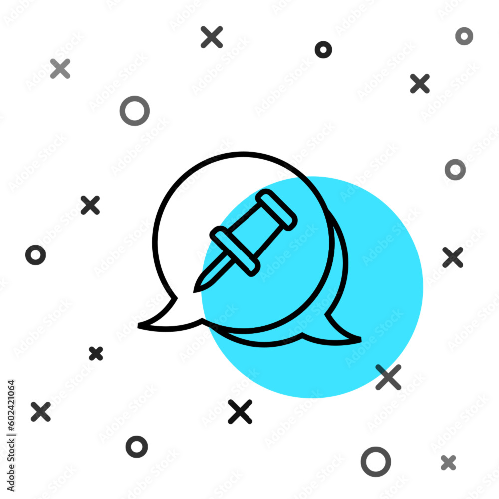 Poster black line push pin icon isolated on white background. thumbtacks sign. random dynamic shapes. vecto