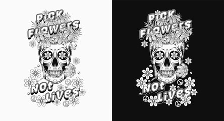 Summer label with human skull full of flowers, peace symbol, chamomile, short phrase. Anti war, peaceful concept. Groovy hippie retro style For clothing, apparel, T-shirts design