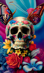 skull surrounded by flowers and leaves, generative ai