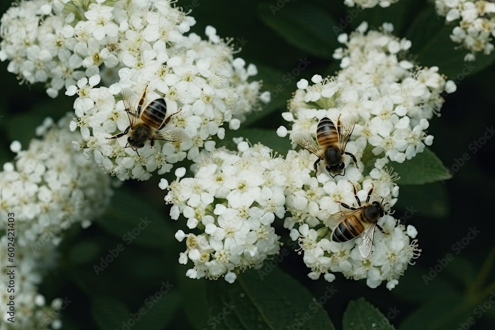 Canvas Prints swarm of bees pollinating white flowers in a garden Generative AI