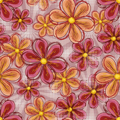 Seamless pattern with chamomile flowers, grunge brush strokes, smudge paint, halftone shapes. Groovy, hippie, naive style. Good for apparel, fabric, textile, surface design.