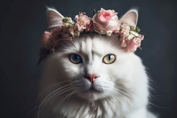 Portrait a white cat wearing a crown of pink flowers on a dark gray background, generative AI tools 