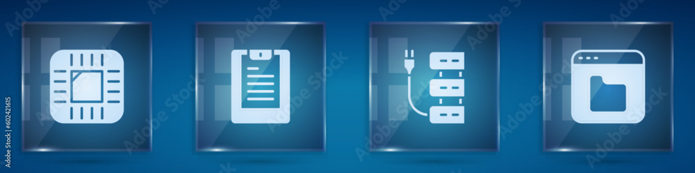 Poster set processor with cpu, server, data report, and browser files. square glass panels. vector