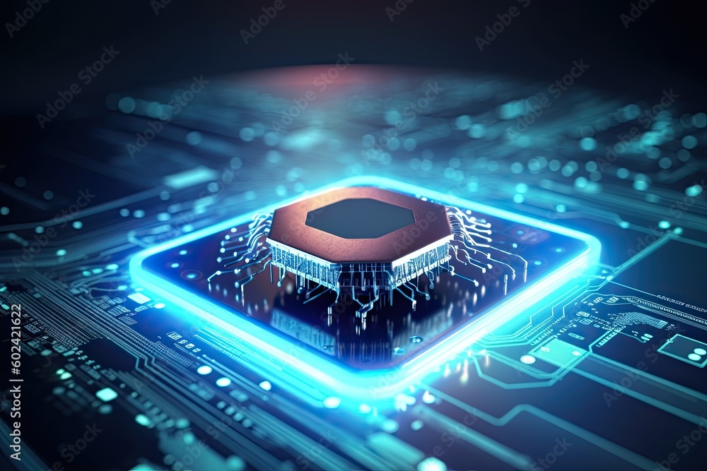 Poster modern processor chip on a circuit board generative ai