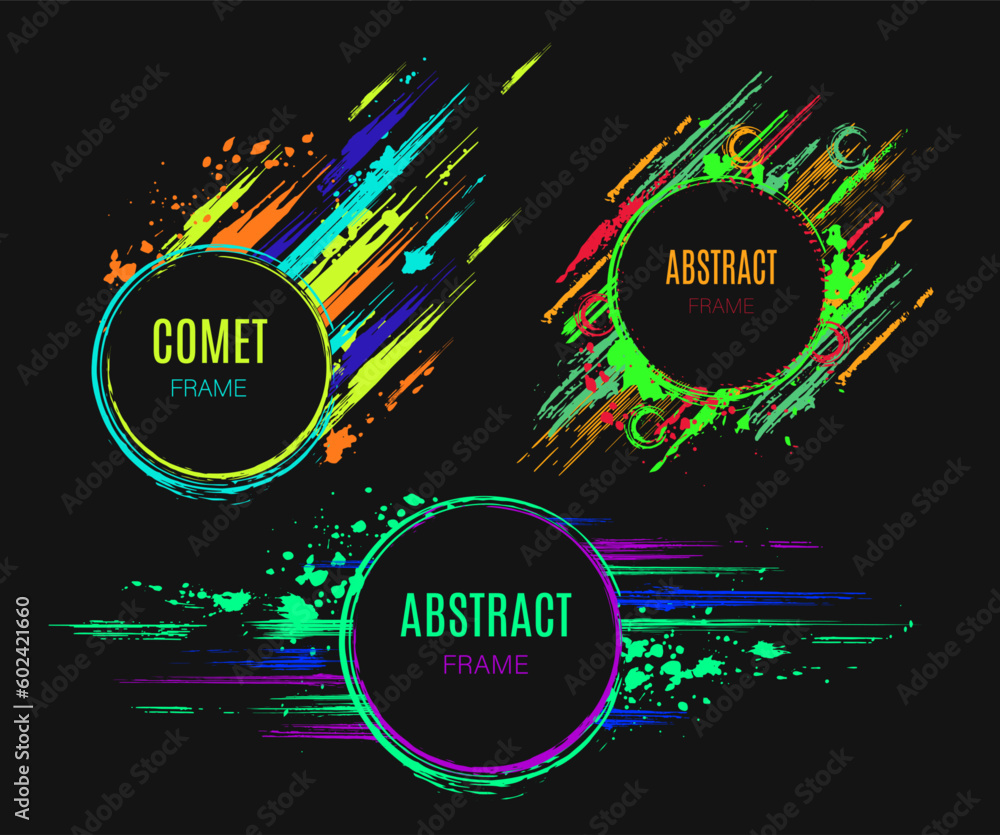 Poster set of circular frames with copy space dark circle on background with paint brush strokes, dynamic g