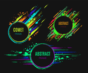 Set of circular frames with copy space Dark circle on background with paint brush strokes, dynamic glowing lines, spattered paint of neon colors Abstract elements, templates for logo, advertisment. © OA_Creation