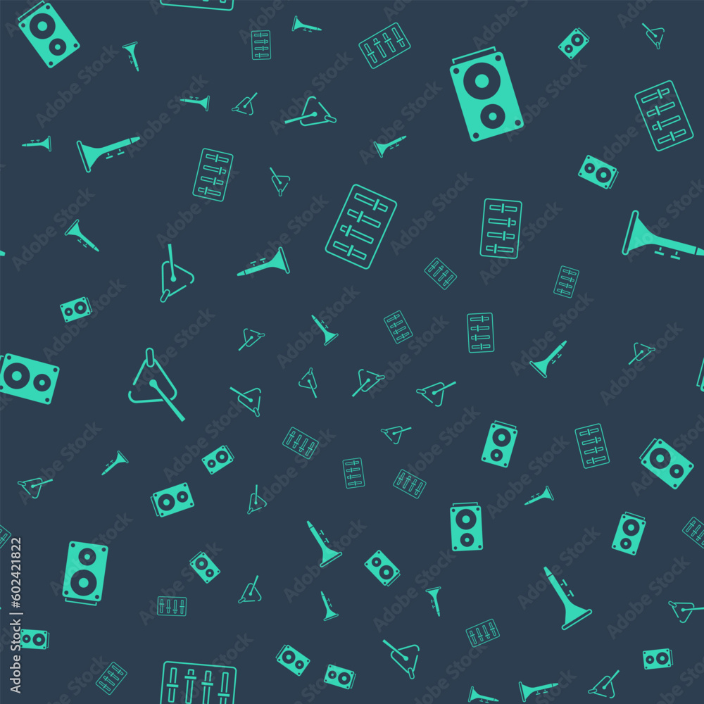 Poster set sound mixer controller, stereo speaker, triangle and drum and drum sticks on seamless pattern. v