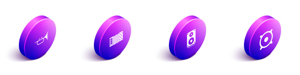 Set Isometric Trumpet, Accordion, Stereo speaker and icon. Vector
