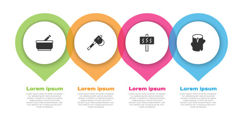 Set Mortar and pestle, Wooden axe, Sauna and log. Business infographic template. Vector