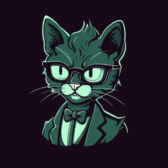 Cartoon green cat with large eyes on a dark background. Vector illustration