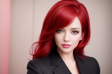 Young red hair business lady smiling into camera in her office. Beautiful young business woman with fiery hair and in a black jacket or suit posing for a picture with pastel background. Generative AI