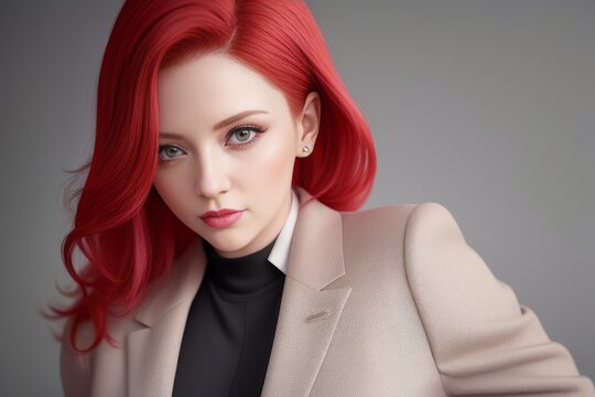 Young red hair business lady looking into camera in her office. Beautiful young woman with fiery hair and in a pastel suit or jacket posing for a picture with a grey background. Generative AI